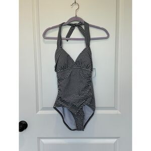 NWT Draper James Black and White Gingham Halter One Piece Swimsuit Size Small